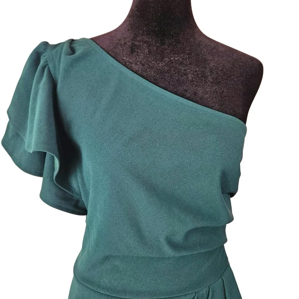 Womens Elegant Asymmetrical Dark Green One-Shoulder Ruffle Dress Size Small Sexy